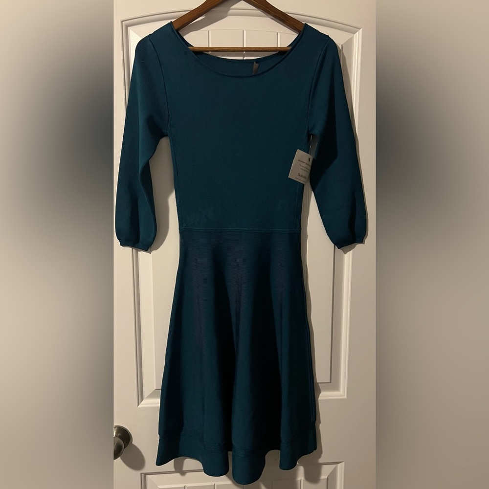 NWTs HALSTON A-Line Cocktail Teal Long Sleeve Dress